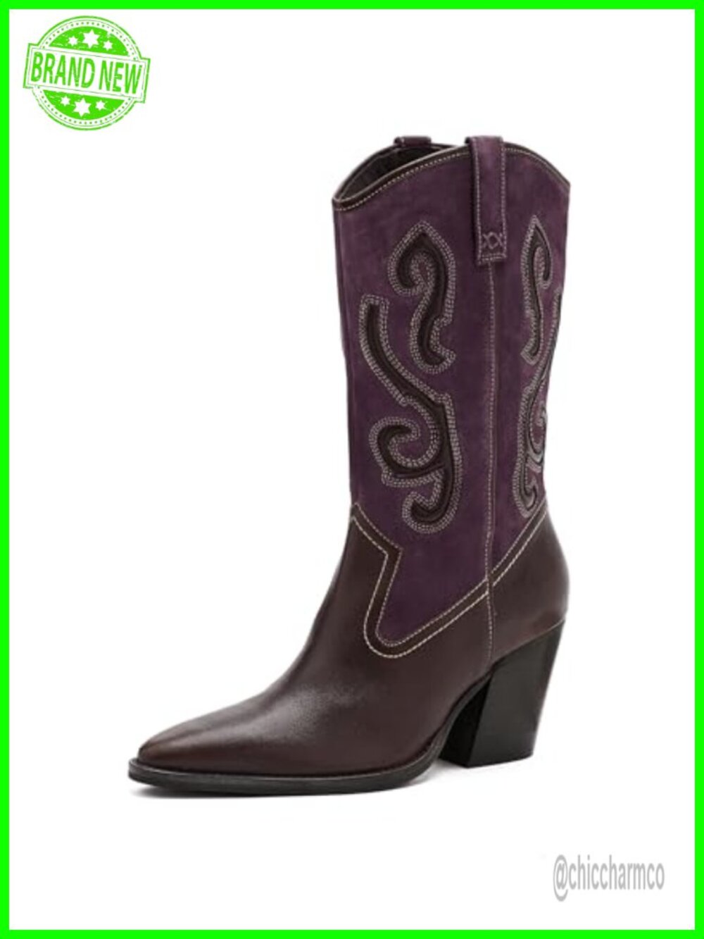 Leather Western Boots Pointed Toe Block Heel Pull-On Knee-High